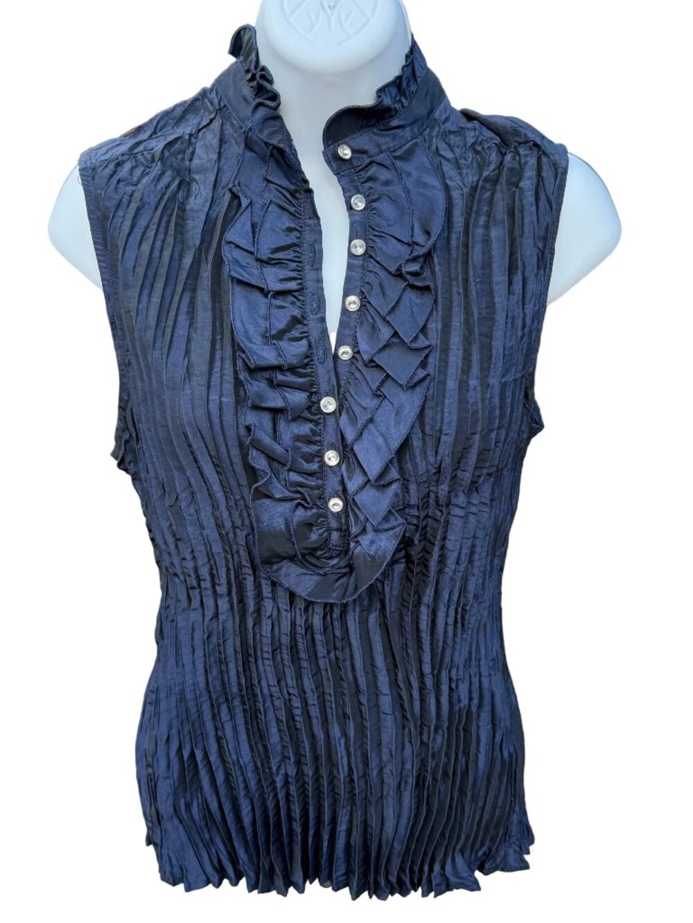 Jaipur metallic navy blue taffeta pleated crinkle sleeveless top - Medium